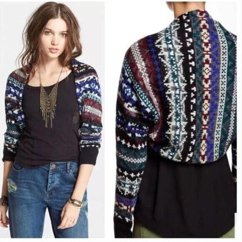 Free People Woven Shrug Wrap Cardigan Size XS Blue Black